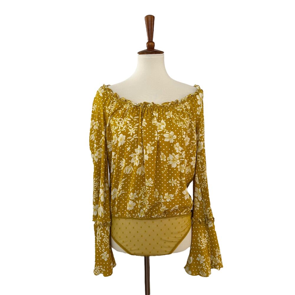 Intimately Free People Womens Floral Bell Sleeve Boho Bodysuit Low Back M Medium